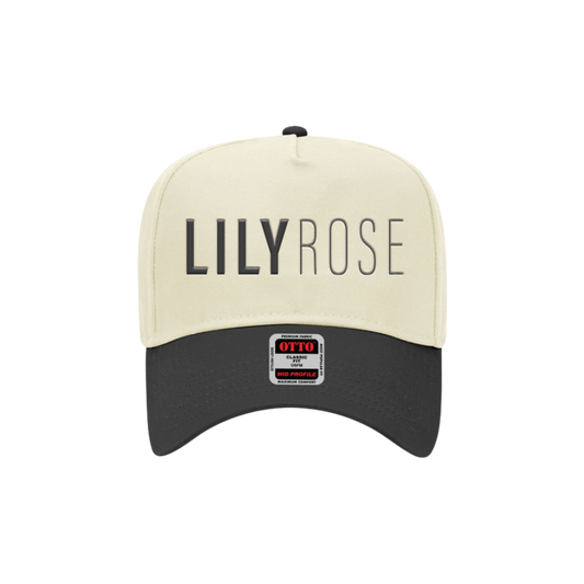 A two-toned logo hat with a snapback closure, featuring the brand name 'LILY ROSE' on the front in bold letters. The hat has a black visor and a tan crown.