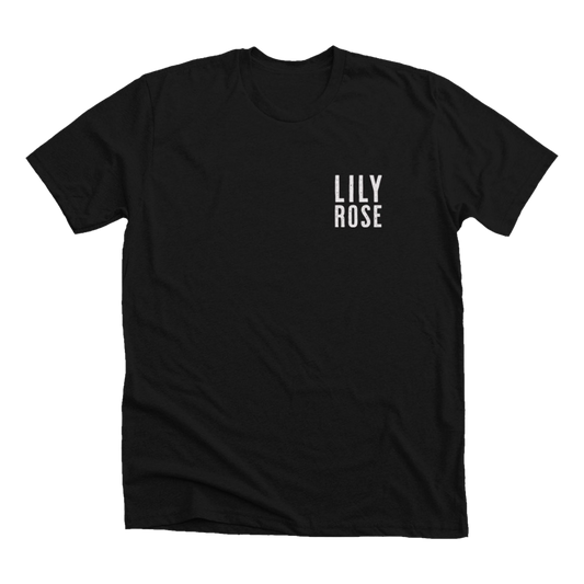 Villain black tee front Lily Rose